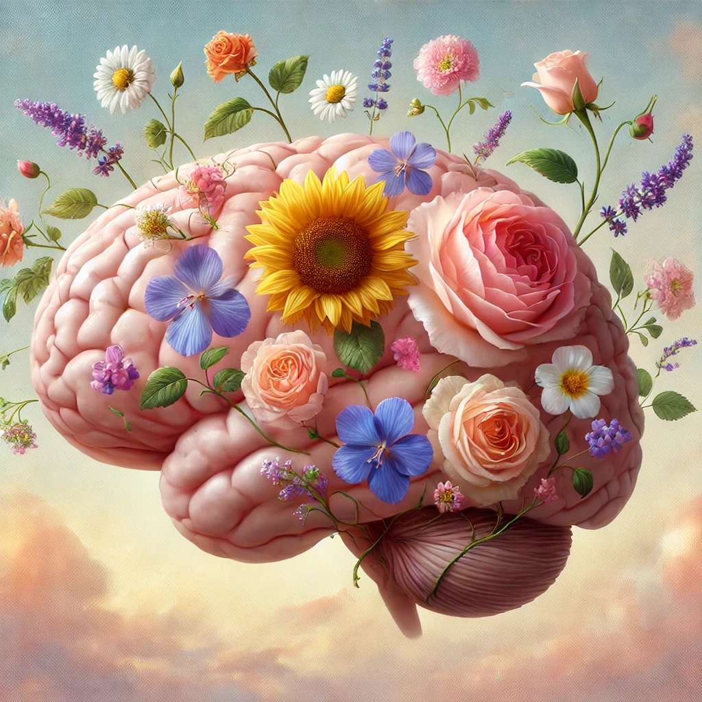 Abstract brain illustration with blooming flowers representing mental growth and emotional wellness